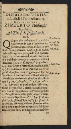 Disputatio Tertia ad Lib. III. Pandectarum. Respondente Zimberto Amsingk/ Hamburg.