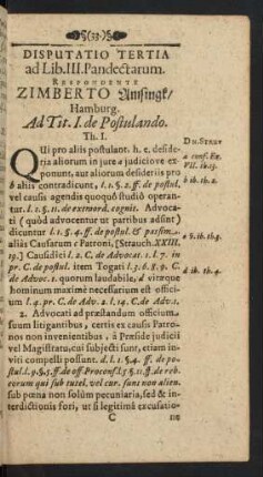 Disputatio Tertia ad Lib. III. Pandectarum. Respondente Zimberto Amsingk/ Hamburg.