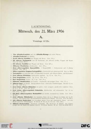 I. Auktionstag: Mittwoch, den 21. März 1906. A. Vormittags 10 Uhr (Nr. 1-202)