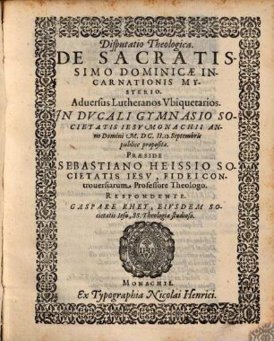 Disp. ... de sacratissimo dominicae incarnationis mysterio