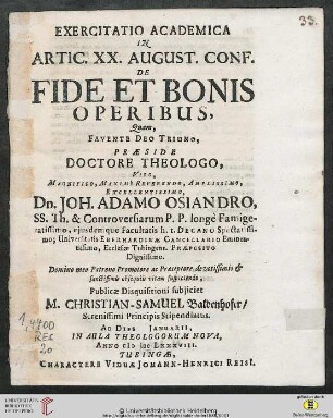 Band 20: Exercitatio Theologica ... In Articulum Augustanae Confessionis: De Fide Et Bonis Operibus