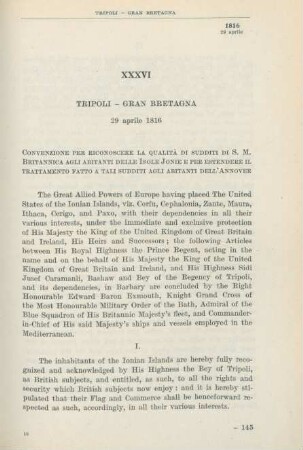XXXVI Tripoli - Gran Bretagna 29 aprile 1816