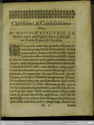 Clarissimo, & Consultissimo Viro, Dn. Matthiae Berlicho, J. U. ...