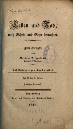 Leben und Tod, nach Schein und Seyn betrachtet : zwei Predigten
