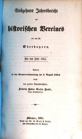Jahresbericht des Historischen Vereins von Oberbayern. 17. 1854 (1855)