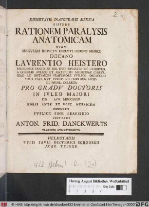 Dissertatio Inavgvralis Medica Sistens Rationem Paralysis Anatomicam