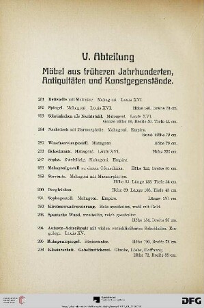 V. Abteilung : Möbel aus früheren Jahrhunderten, Antiquitäten und Kunstgegenstände (Nr. 281-655)
