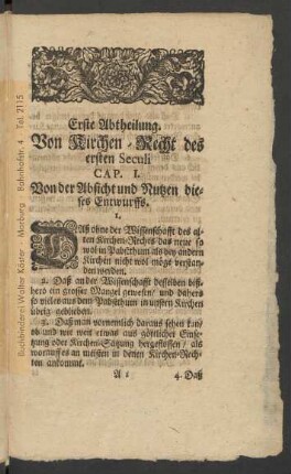 Erste Abtheilung. Von Kirchen-Recht des ersten Seculi
