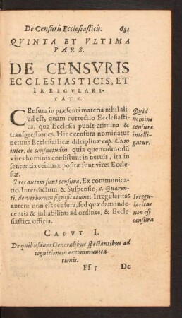 Qvinta Et Vltima Pars. De Censvris Ecclesiasticis, Et Irregvlaritate.