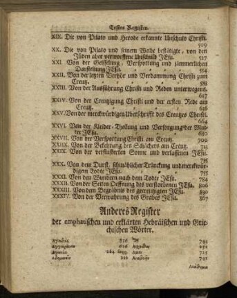 Anderes Register der emphatischen und erklärten Hebräischen und Griechischen Wörter.