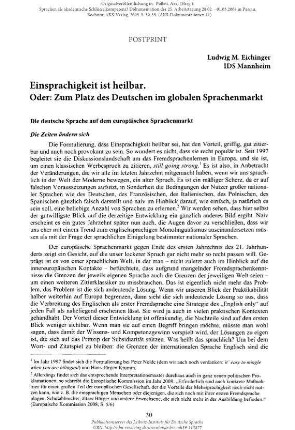 Einsprachigkeit ist heilbar. Oder: Zum Platz des Deutschen im globalen Sprachenmarkt
