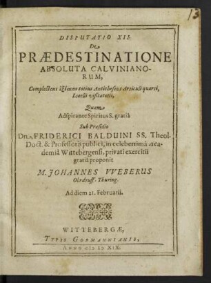 Disputatio XII, De Praedestinatione Absoluta Calvinianorum