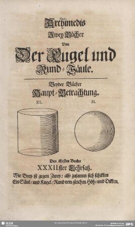 Archimedis Zwey Bücher Von Der Kugel und Rund-Säule