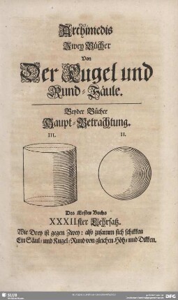 Archimedis Zwey Bücher Von Der Kugel und Rund-Säule