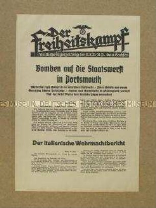 Nachrichtenblatt der Tageszeitung der NSDAP Sachsen "Der Freiheitskampf" zum deutschen Bombenangriff der Südküste Englands