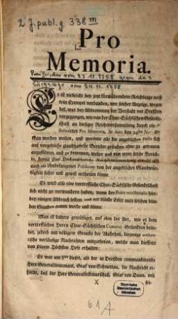 Preußisches Promemoria gegen das Sächs. Promemoria vom 24.11.1758 : vom 27. Nov. 1758