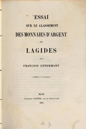 Essai sur le classement des monnaies d'argent des Lagides