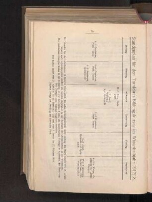 Stundenplan für den Turnlehrer-Bildungskursus im Winterhalbjahr 1917/18.