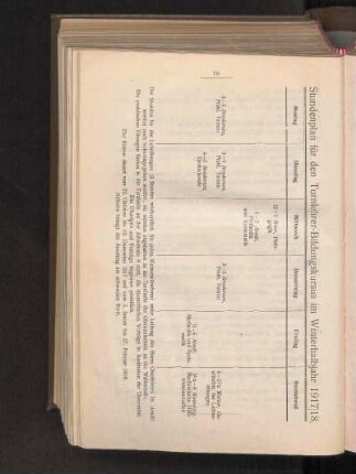Stundenplan für den Turnlehrer-Bildungskursus im Winterhalbjahr 1917/18.