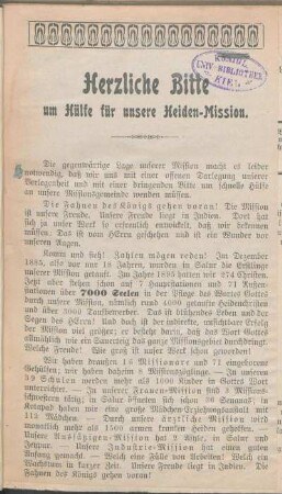 Herzliche Bitte um Hülfe für unsere Heiden-Mission.