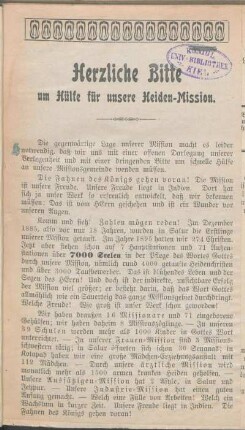 Herzliche Bitte um Hülfe für unsere Heiden-Mission.