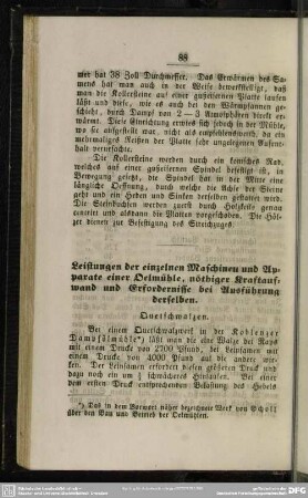 Leistungen der einzelnen Maschinen und Apparate einer Oelmühle, nöthiger Kraftaufwand und Erfordernisse bei Ausführung derselben