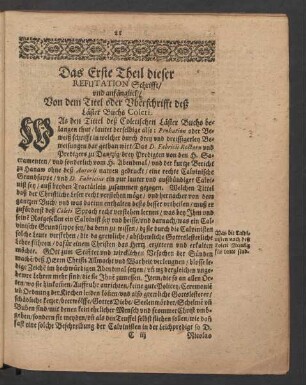 Der Erste Theil dieser Refutation Schrifft/ und anfänglich/ Von dem Titel oder Uberschrifft deß ...
