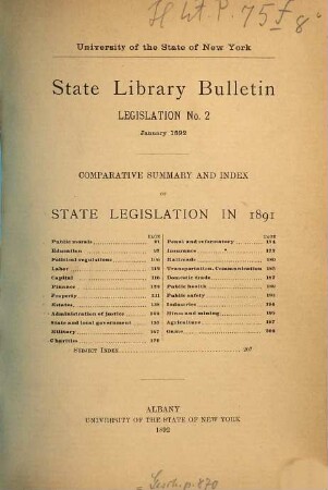 State Library bulletin. Legislation. 2. 1892 (1891)
