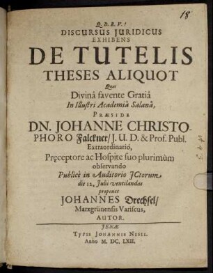 Discursus Iuridicus Exhibens De Tutelis Theses Aliquot