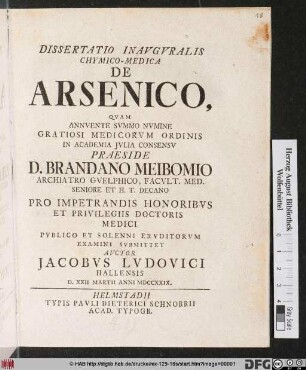 Dissertatio Inavgvralis Chymico-Medica De Arsenico
