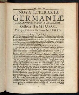 Nova Literaria Germaniæ Aliorumque Europæ Regnorum, Collecta Hamburgi, Editaque Calendis Octobris MDCCVII.