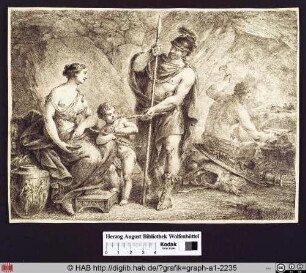 Venus, Amor und Mars neben einem Schmied, der Pfeile herstellt.