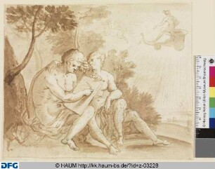 Liebespaar in einer Landschaft am Boden sitzend, der Mann auf einer Tafel schreibend; am Himmel Apoll nach links fahrend