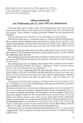 Abiturientenrede zur Entlassung am 13. Juni 1992 im Johanneum