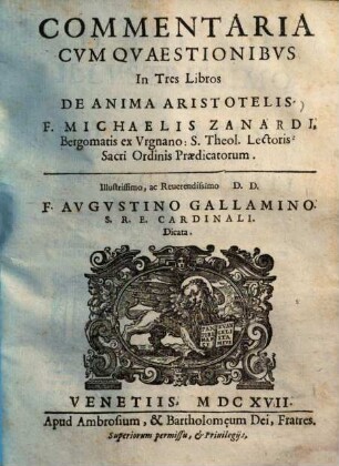 Commentaria Cvm Qvaestionibvs In Tres Libros De Anima Aristotelis F. Michaelis Zanardi ...