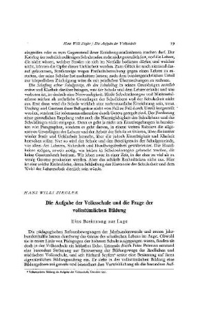 Die Aufgabe der Volksschule und die Frage der volkstümlichen Bildung : eine Besinnung zur Lage