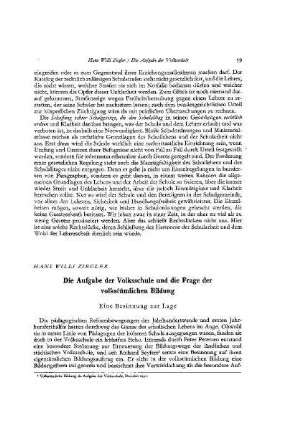 Die Aufgabe der Volksschule und die Frage der volkstümlichen Bildung : eine Besinnung zur Lage