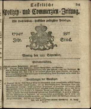 39tes Stueck, Montag den 29ten September 1794