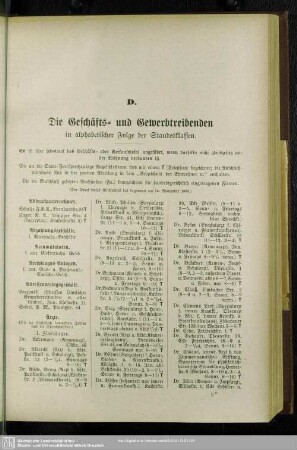 D. Berufsklassen und Gewerbebetriebe : D. Die Geschäfts- und Gewerbetreibenden