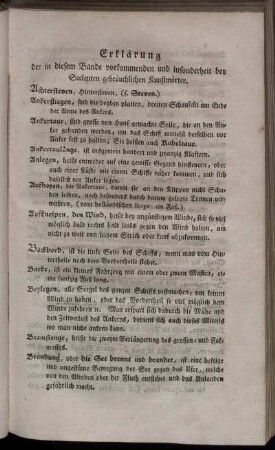 Erklärung der in diesem Bande vorkommenden und insonderheit bey Seeleuten gebräuchlichen Kunstwörter