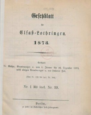 1873: Gesetzblatt für Elsaß-Lothringen