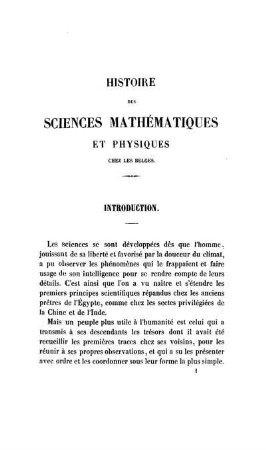 Histoire des Sciences Mathématiques et Physiques. Introduction.