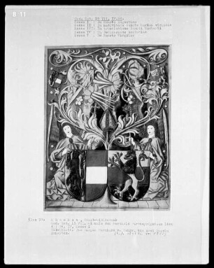 Fünfbändiges Missale von Berthold Furtmeyr — Vierter Band — Das Wappen des Erzbistums Salzburg und des Erzbischofs Johannes Beckenschlager von Engeln gehalten, Folio 2verso