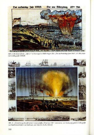 Abb. 2: Die Eckernförder "Affaire" im Neurupperiner Bilderbogen über "Das merkwürdige Jahr 1849", 57. Bild, kolorierte Lithografie (SHLB)