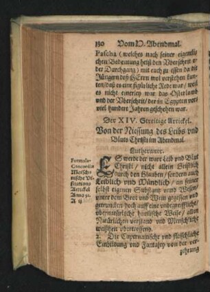 Der XIV. Streitige Artickel. Von der Niessung des Leibs und Bluts Christi im Abendmal.