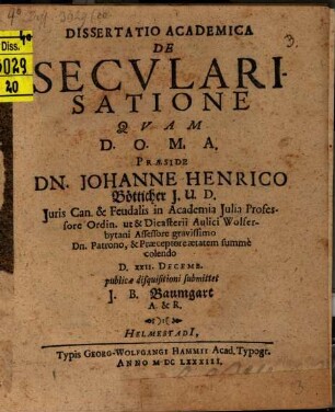 Dissertatio Academica De Secularisatione