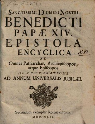 Epistola encyclica ad omnes Patriarchos ... de praeparatione ad Annum jubilaei universalis : "Apostolica constitutio"