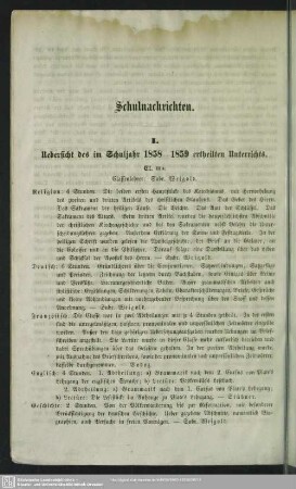 I. Uebersicht des im Schuljahr 1858-1859 ertheilten Unterrichts