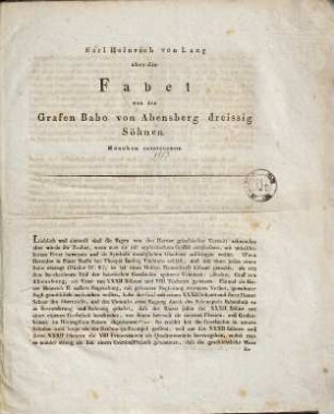 Karl Heinrich von Lang über die Fabel von des Grafen Babo von Abensberg dreissig Söhnen