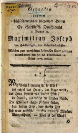 Gedanken bey dem ... Hintritt Seiner Churfürstlichen Durchlaucht in Baiern ... Maximilian Joseph